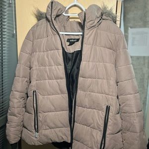 DKNY winter puffer rain jacket coat with fur detachable hood